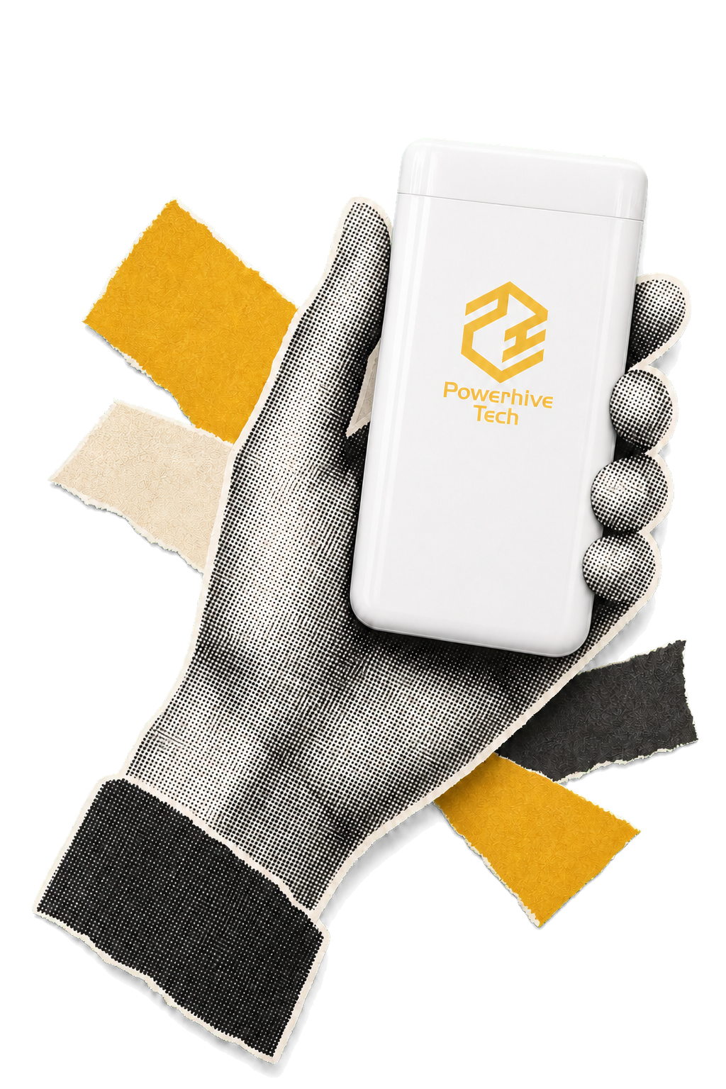 Black-and-white halftone hand holding a white PowerHive powerbank