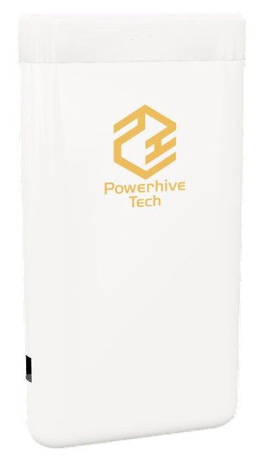 White PowerHive powerbank with yellow branding and dark integrated cables